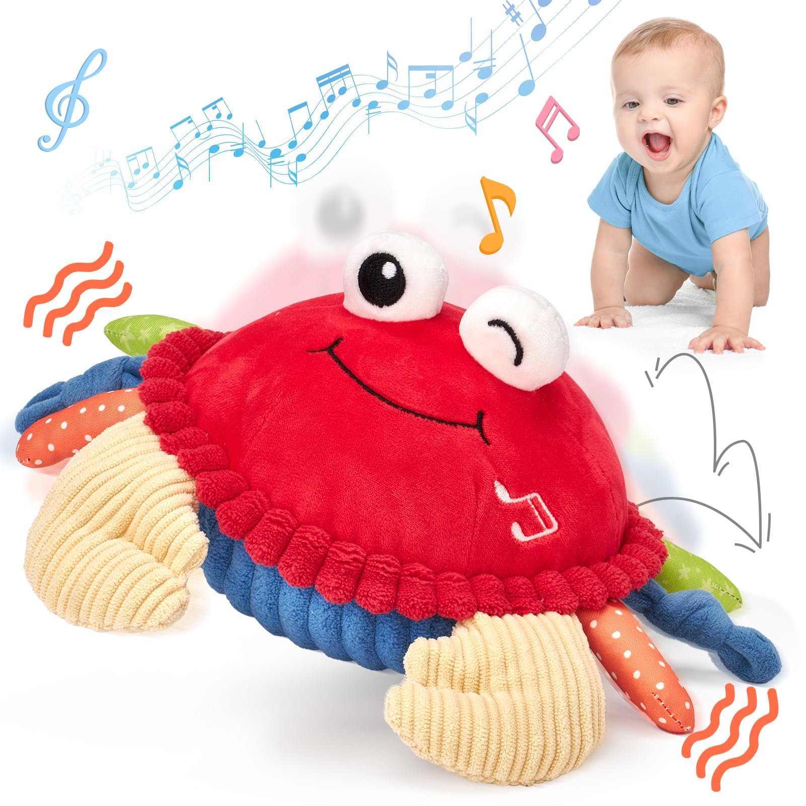 Hahaland crawling-dancing crab toy on floor boosts motor skills during tummy time.