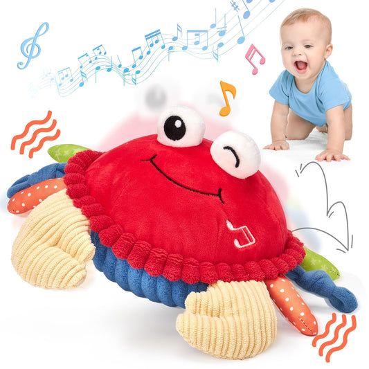 Hahaland crawling-dancing crab toy on floor boosts motor skills during tummy time.