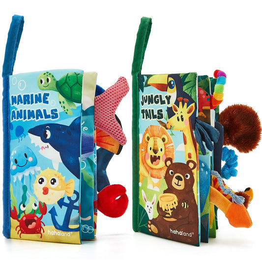 Hahaland crinkle book soft cloth 2-pack encourages safe exploration and teething-friendly play.