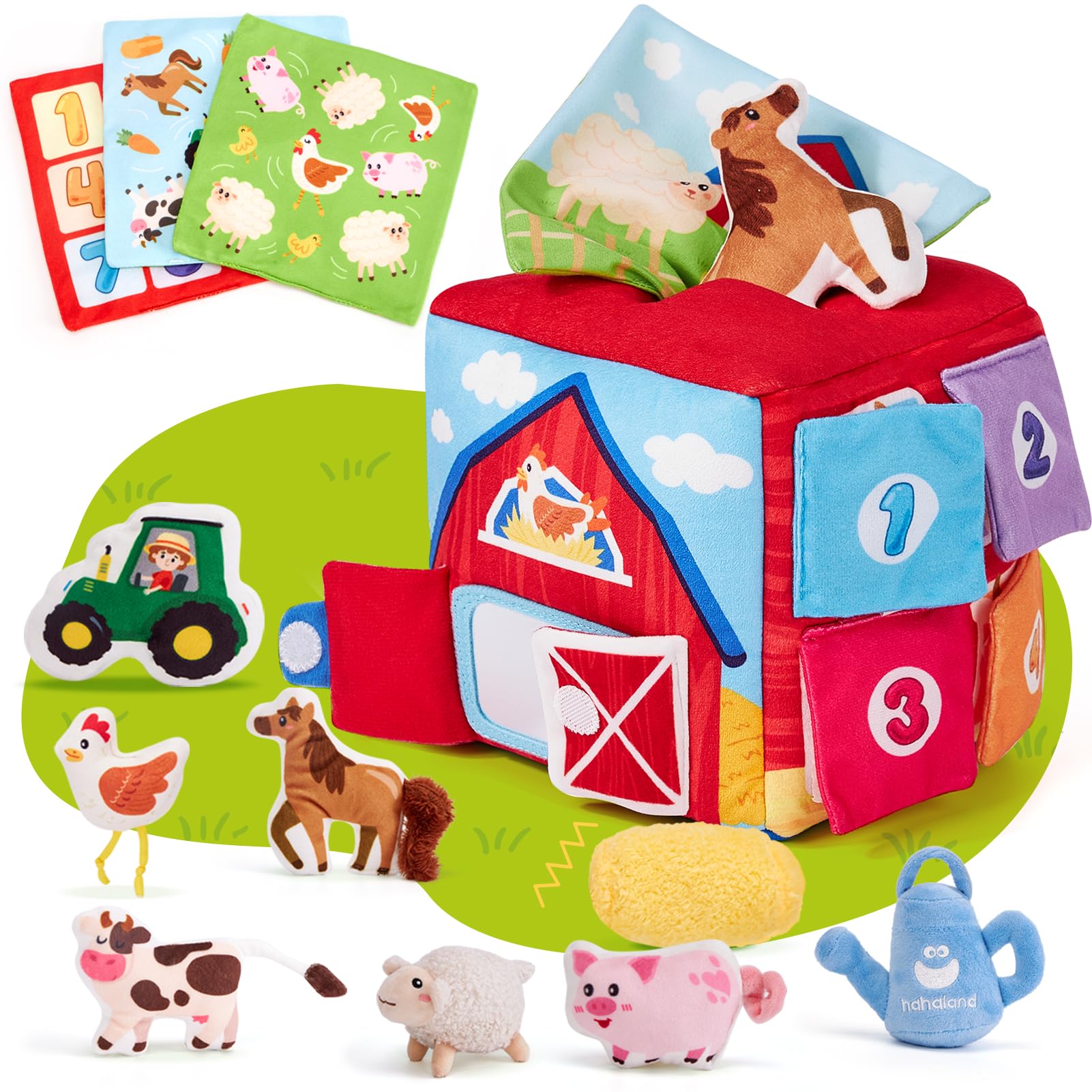 Hahaland mystery soft box with 12 sensory farm animals for baby's exploration