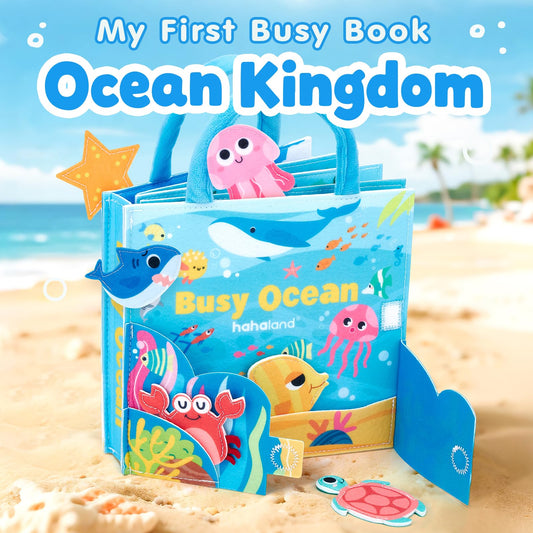 Hahaland Ocean Busy Book buttoning promotes hand-eye coordination during quiet travel moments.