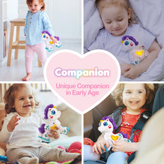 Hahaland unicorn heart-shaped button switches modes for varied play.