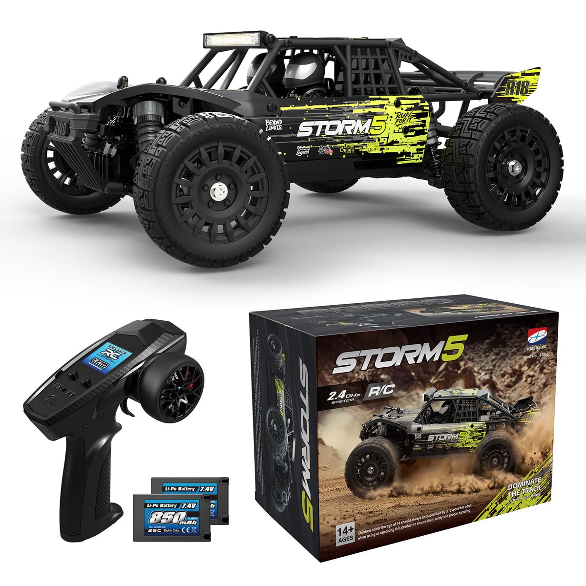 HAIBOXING 1:18 Desert Off-Road Truck front view shows a rugged chassis for outdoor driving