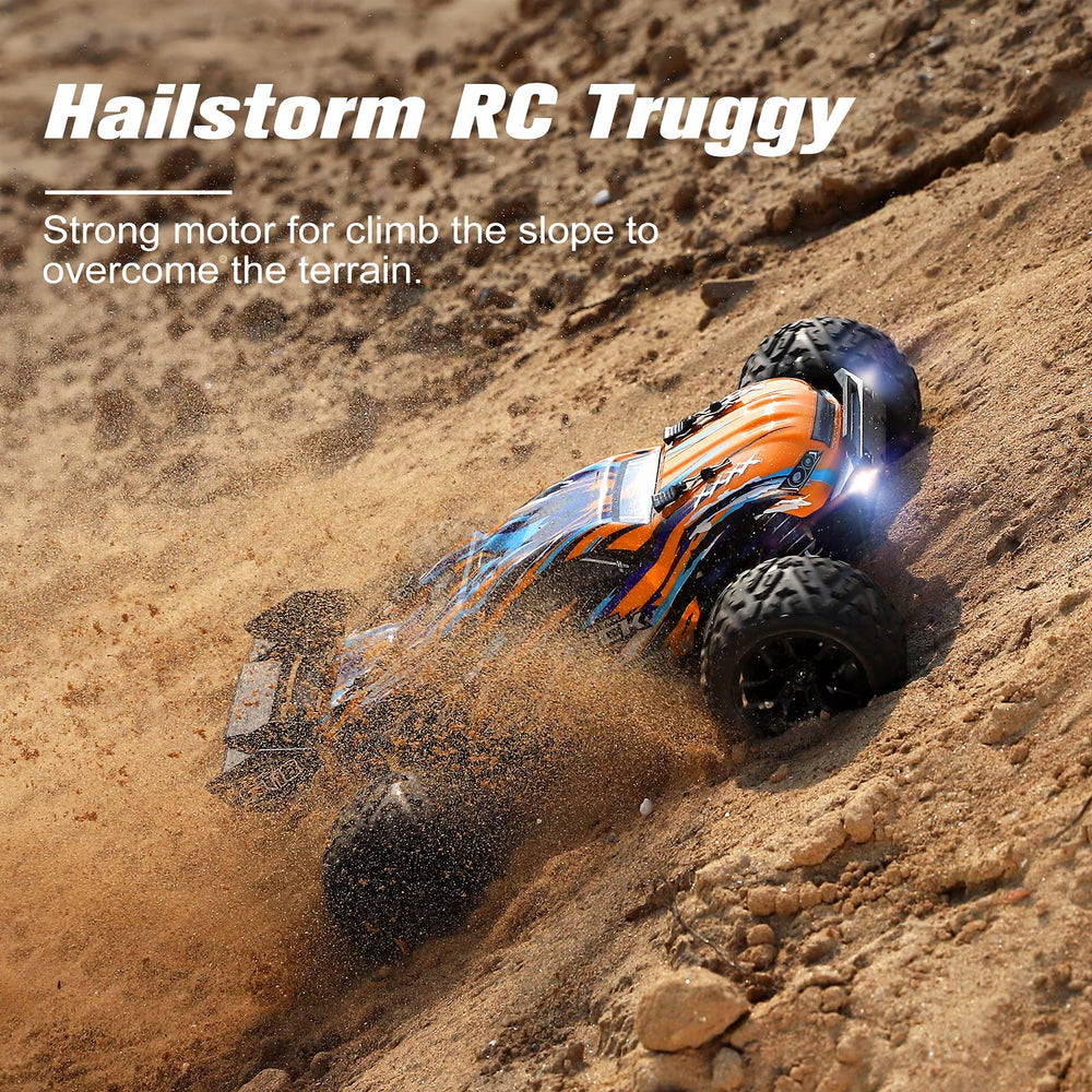 HAIBOXING 1:18 RC car rear view emphasizes a durable chassis and stability on uneven ground.