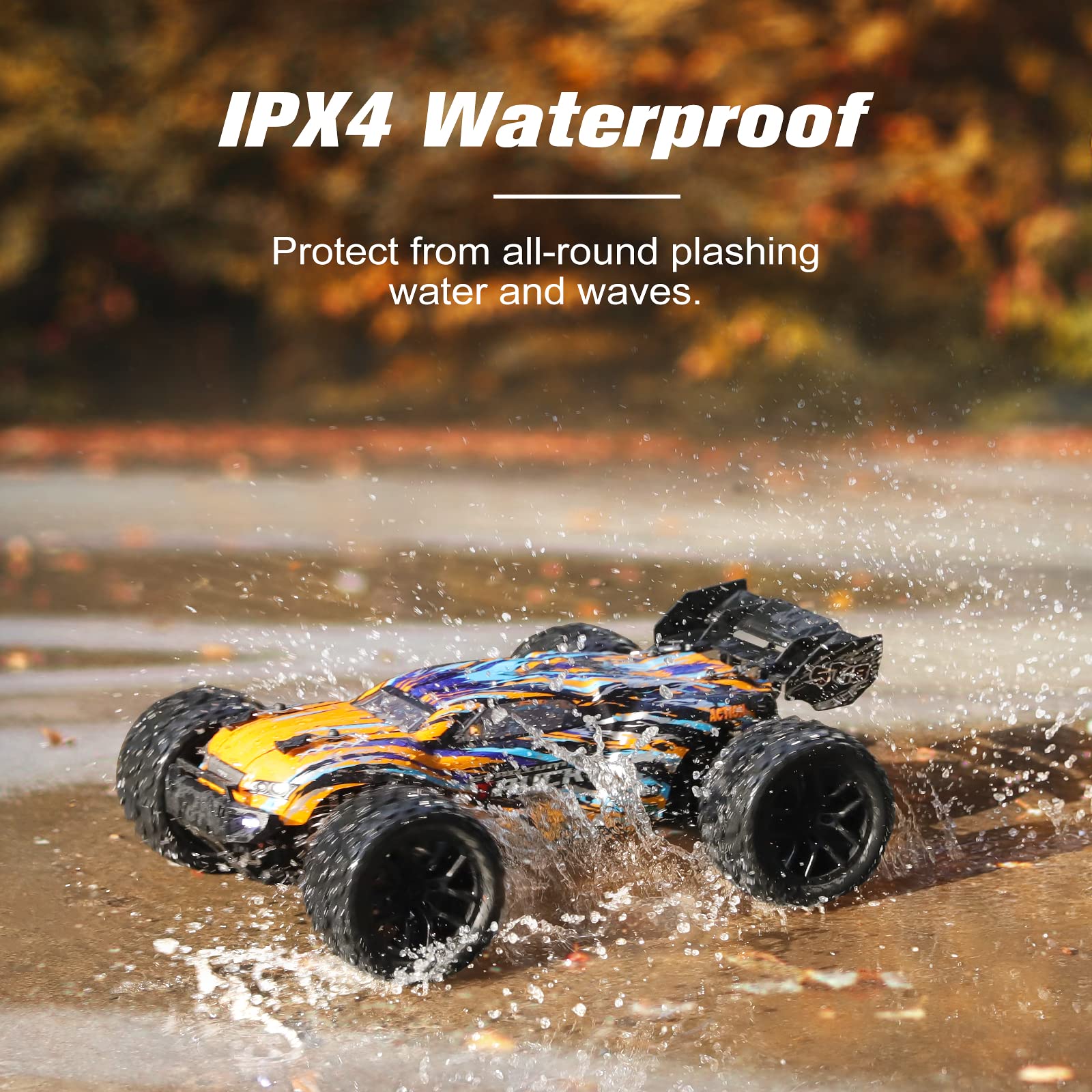 HAIBOXING 1:18 RC car side view shows a sleek profile and accessible battery bay.