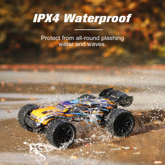 HAIBOXING 1:18 RC car side view shows a sleek profile and accessible battery bay.