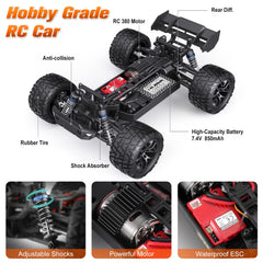 HAIBOXING 1:18 RC car tire grip highlights high-traction tires for dirt and grass.