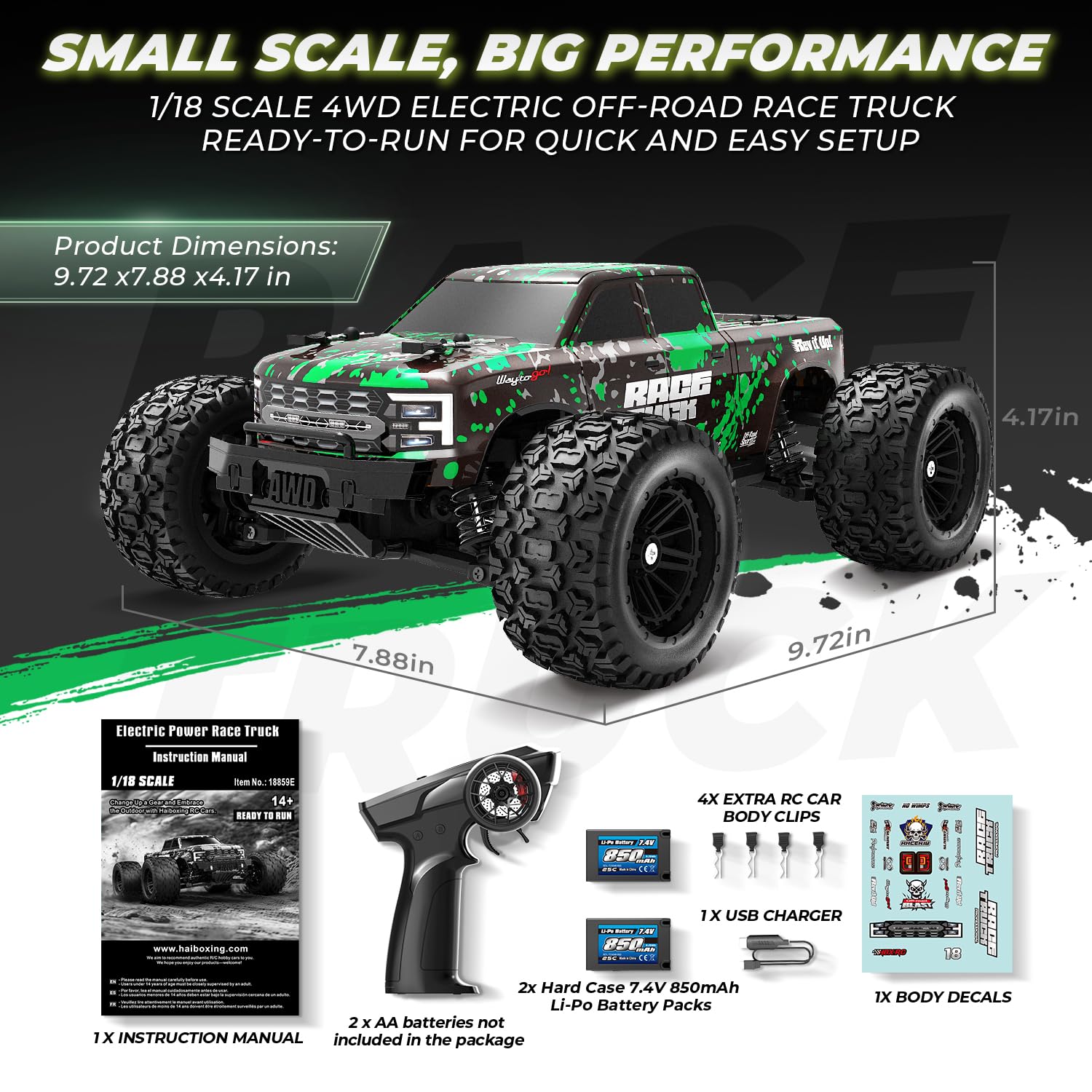 HAIBOXING 1:18 RC truck dual Li-Po batteries enable longer play sessions.