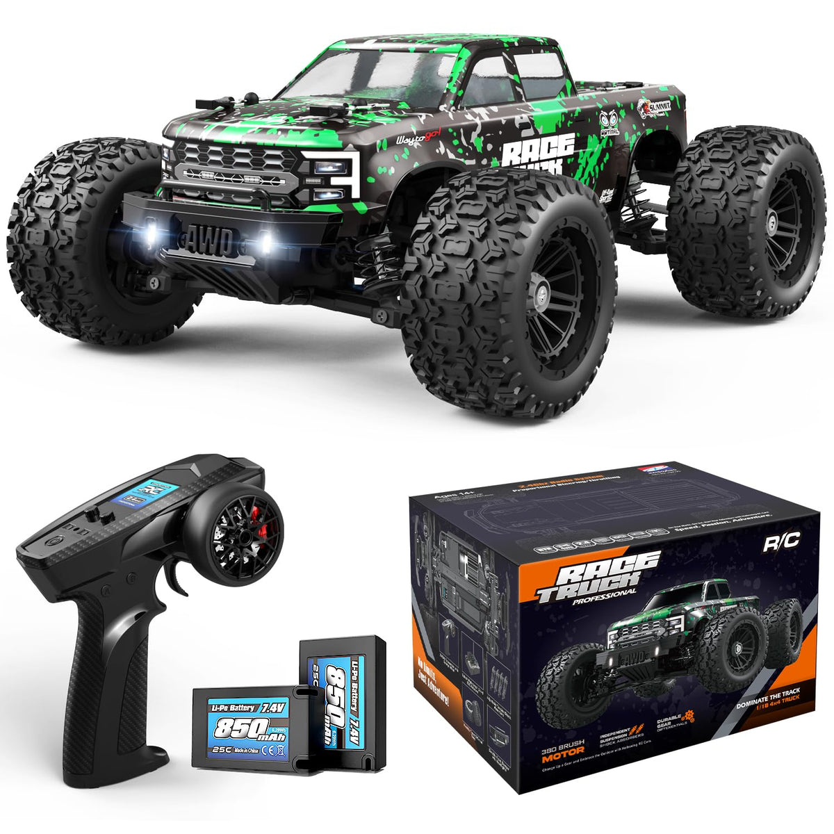 HAIBOXING 1:18 RC truck front view highlights durable PVC body for rugged play.