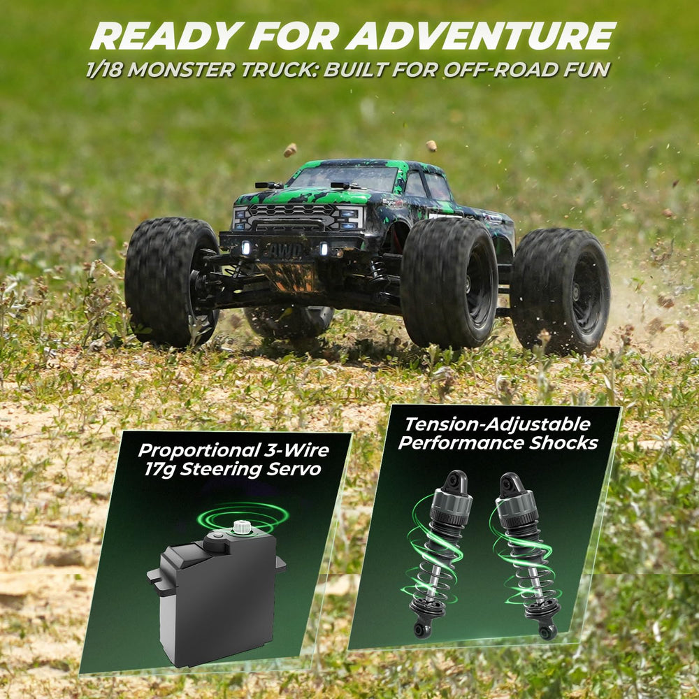 HAIBOXING 1:18 RC truck rear view shows robust drivetrain for off road handling.