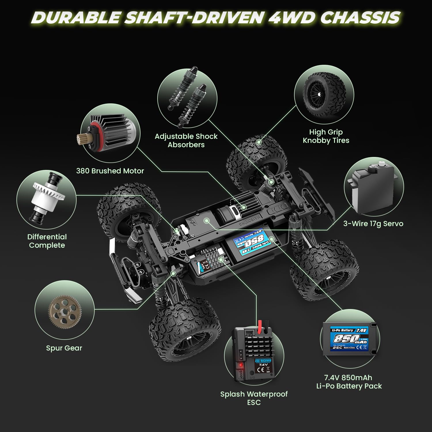 HAIBOXING 1:18 RC truck side profile demonstrates 4x4 capability on varied terrain.