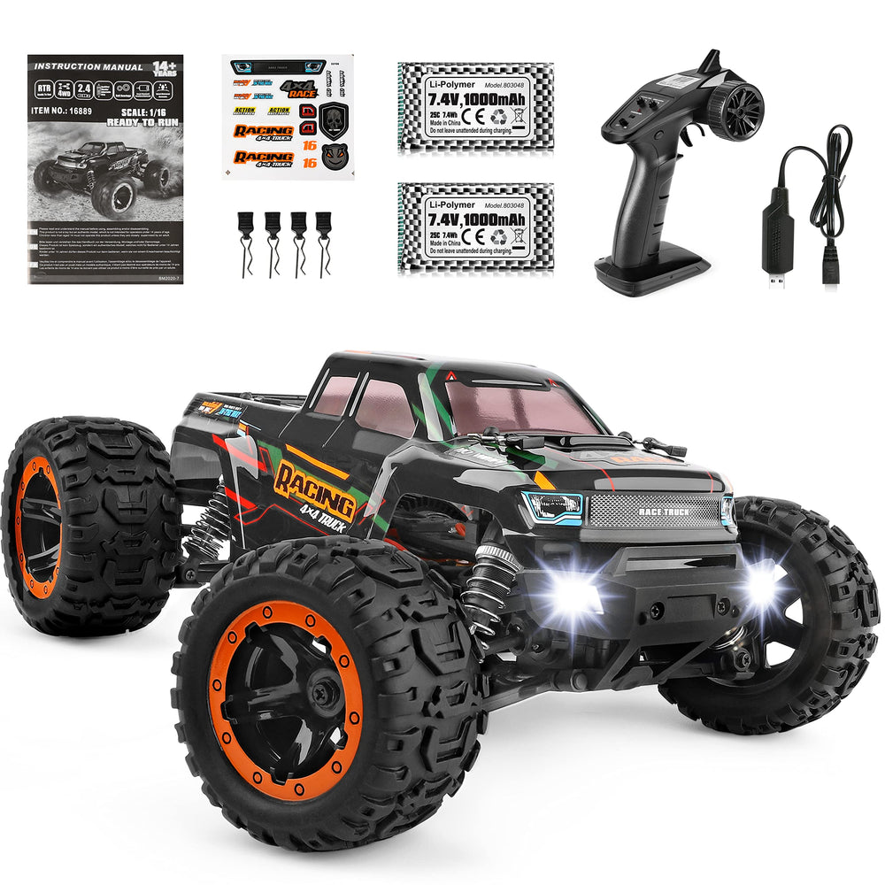 HAIBOXING 16889 front view shows rugged off-road styling and bright LED lighting for dusk play