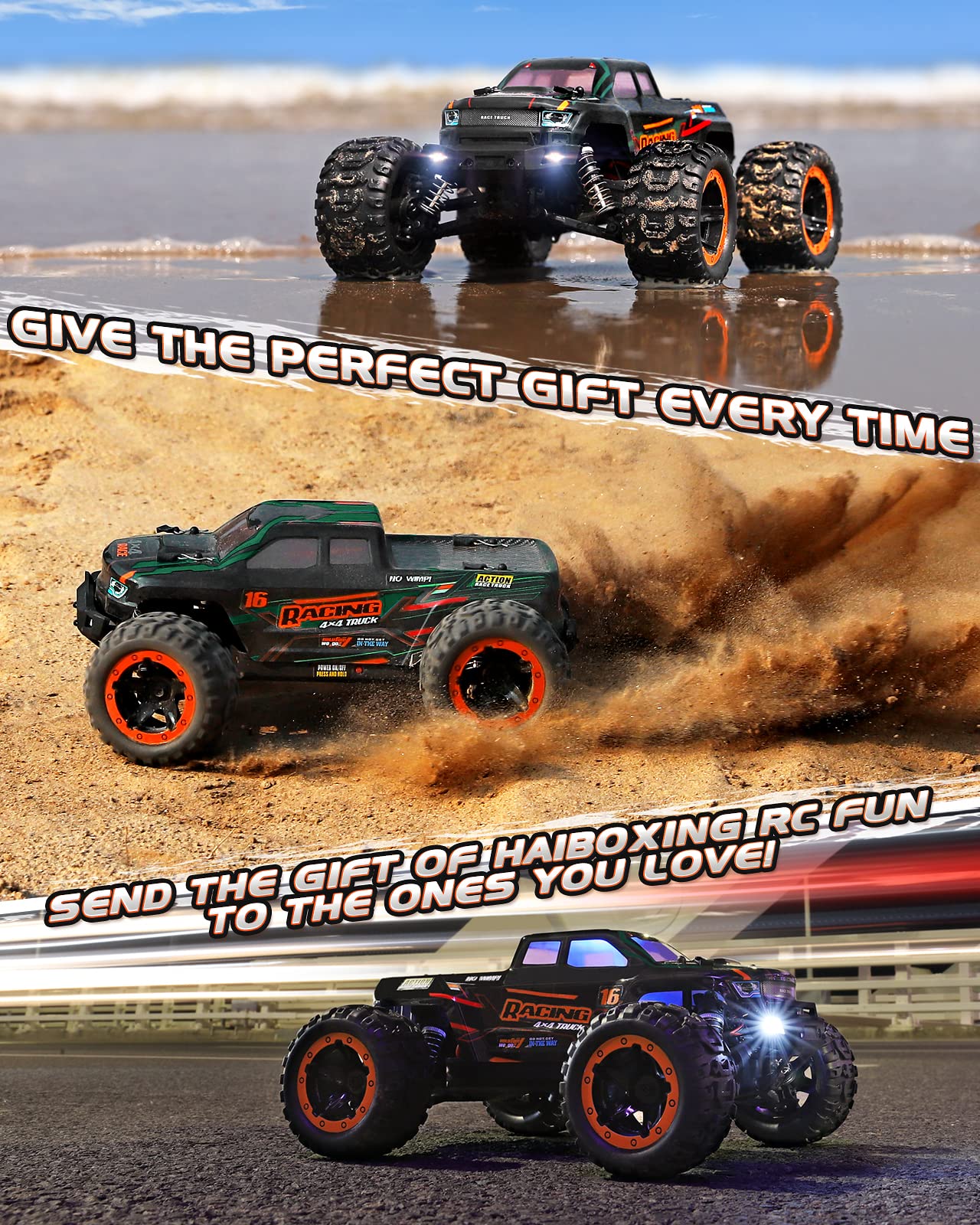 HAIBOXING 16889 rear view highlighting four-wheel drive stability and splash protection