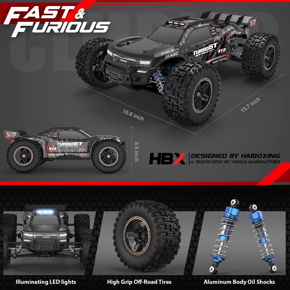 HAIBOXING 2997A aluminum oil-filled shocks provide smooth landings.