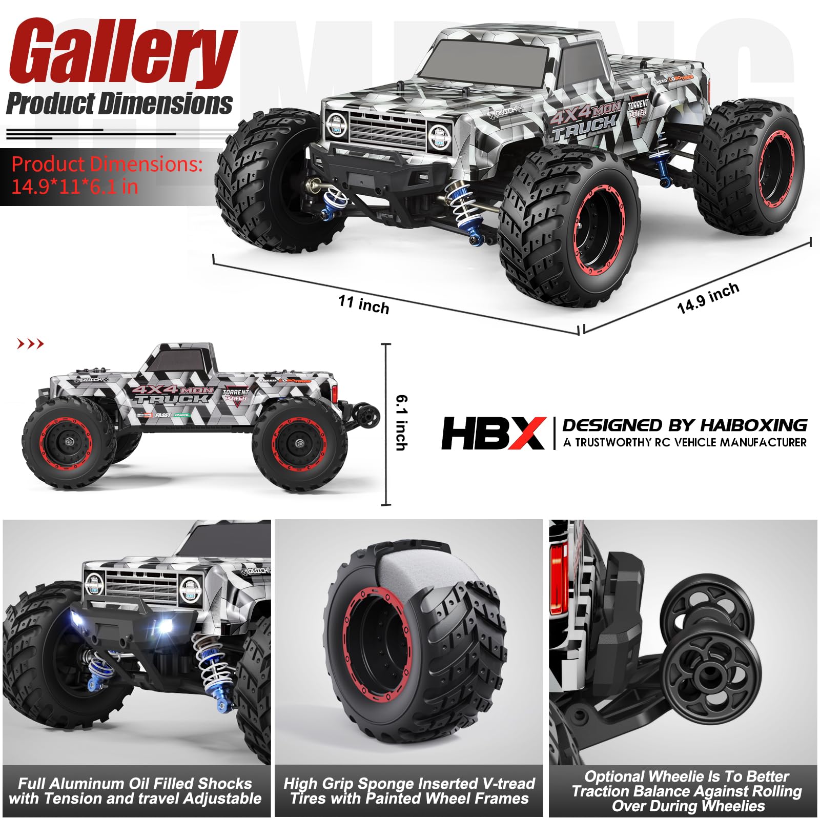 HAIBOXING 903A aluminum oil shocks improve suspension over obstacles.