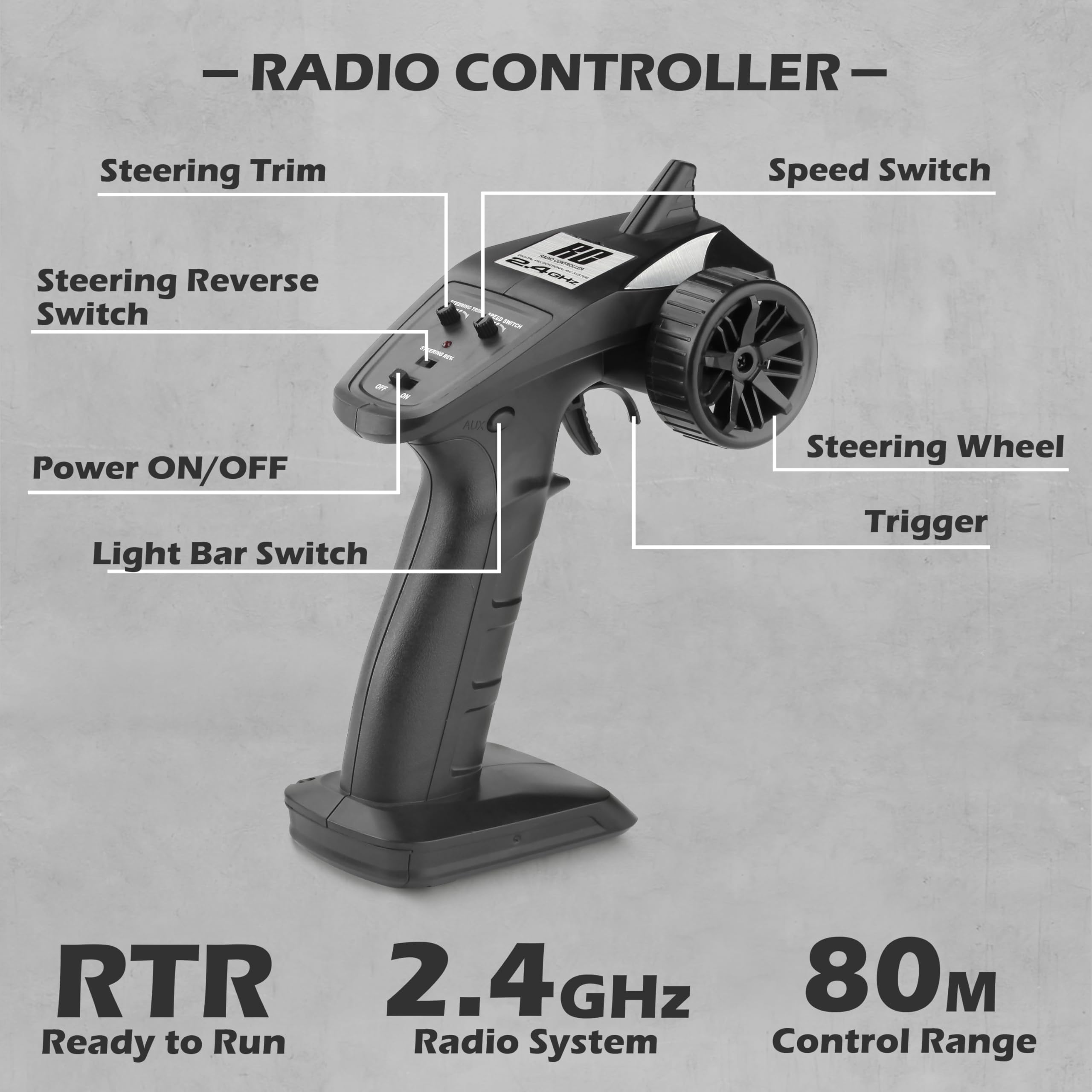 HAIBOXING RC Truck top LED lights enhance night driving visibility.