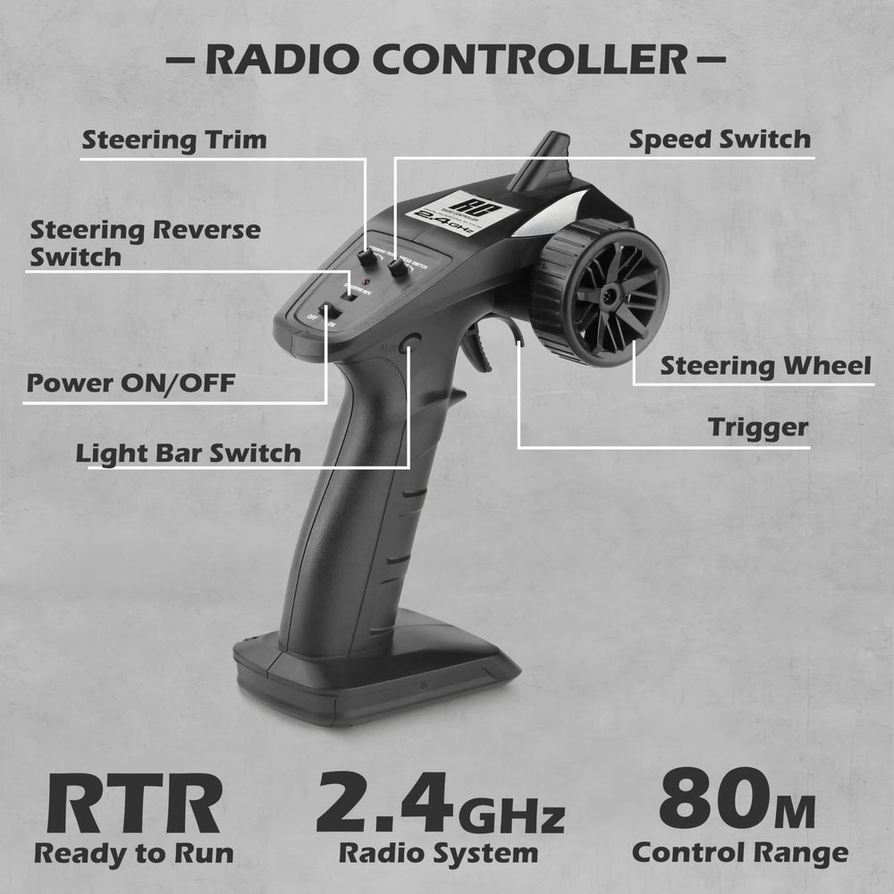HAIBOXING RC Truck top LED lights enhance night driving visibility.