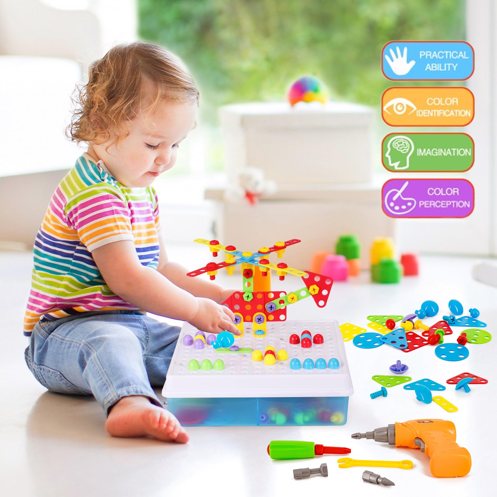 Haifeng toy drill with three replaceable bits for hands-on learning.