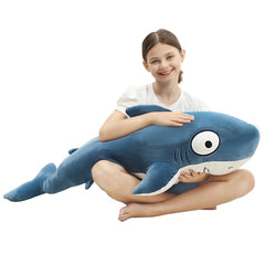 HAIJUNYA blue giant sharks plush used as a cozy pillow for downtime.