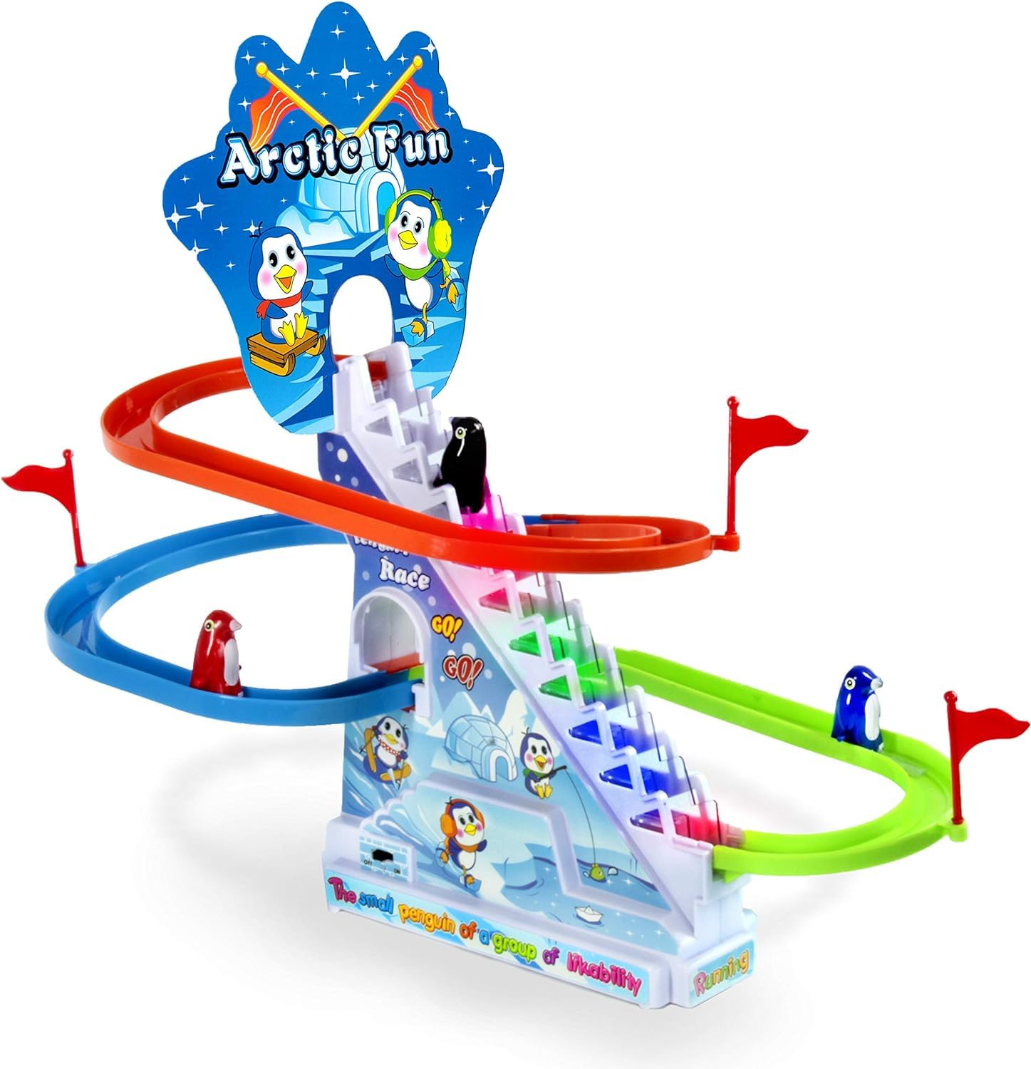 Haktoys Arctic Fun Penguin Slide Board shows stair climbing for engaging play.