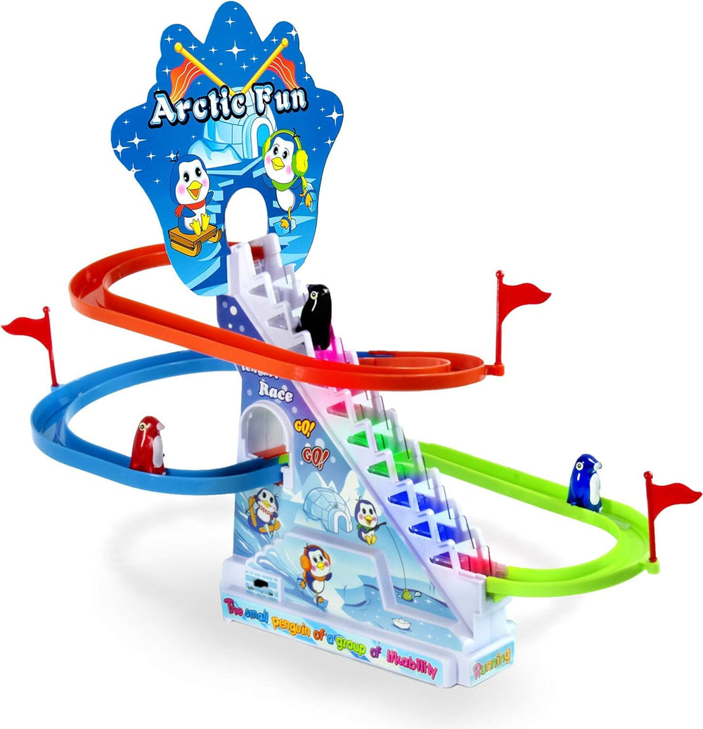 Haktoys Arctic Fun Penguin Slide Board shows stair climbing for engaging play.