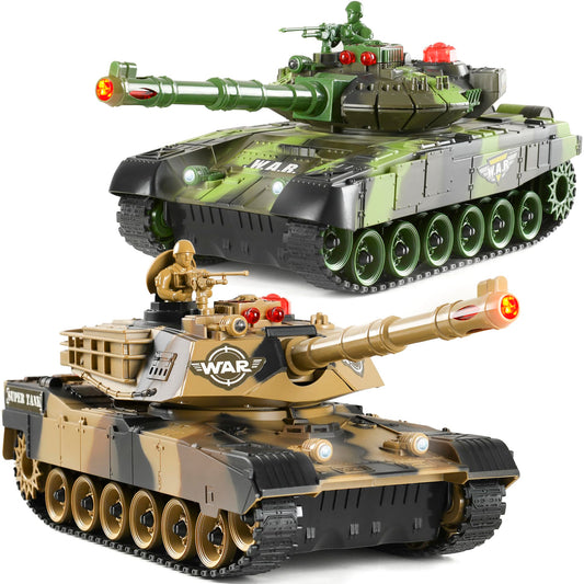 Haktoys desert camo battle tank ready for outdoor two-player battles with LED lights