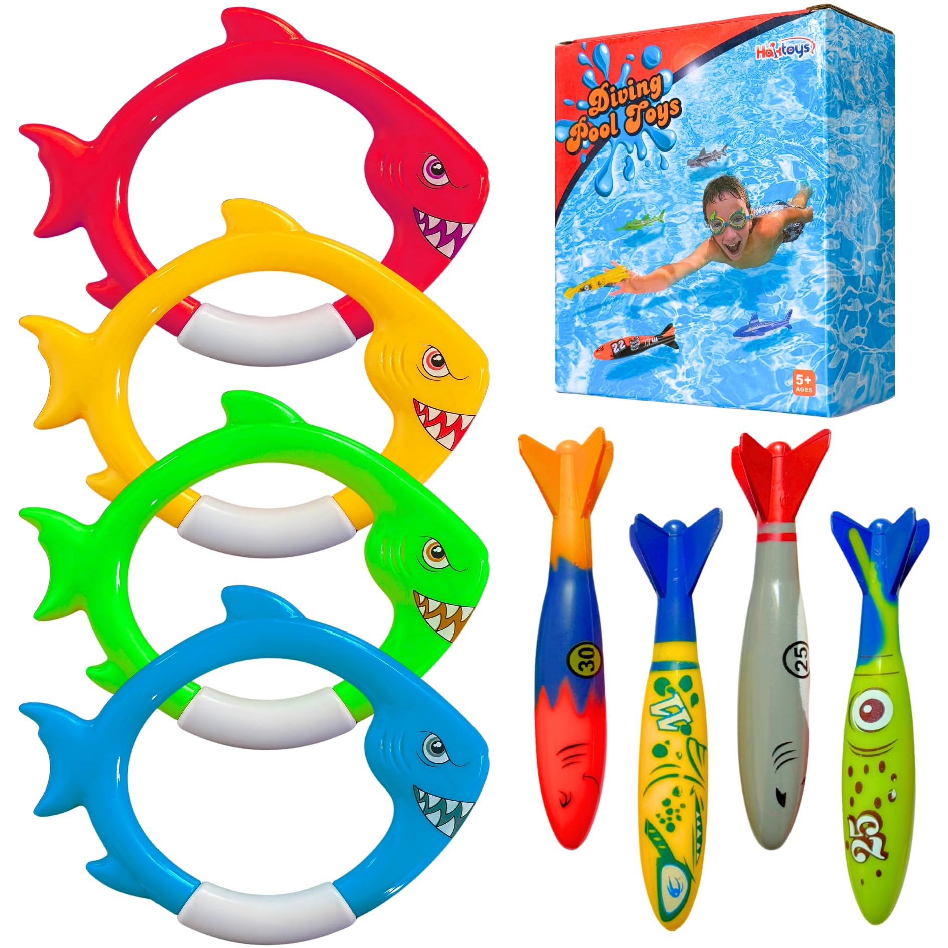 Kids explore underwater play with Haktoys shark rings and torpedoes