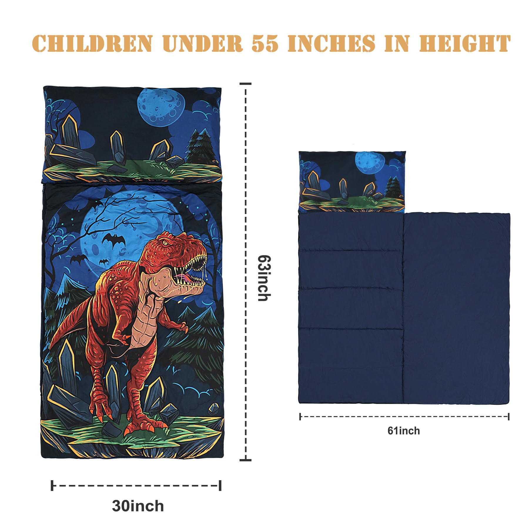 Hallo Bunny dinosaur sleeping bag shown with secure side zipper for snug nights.