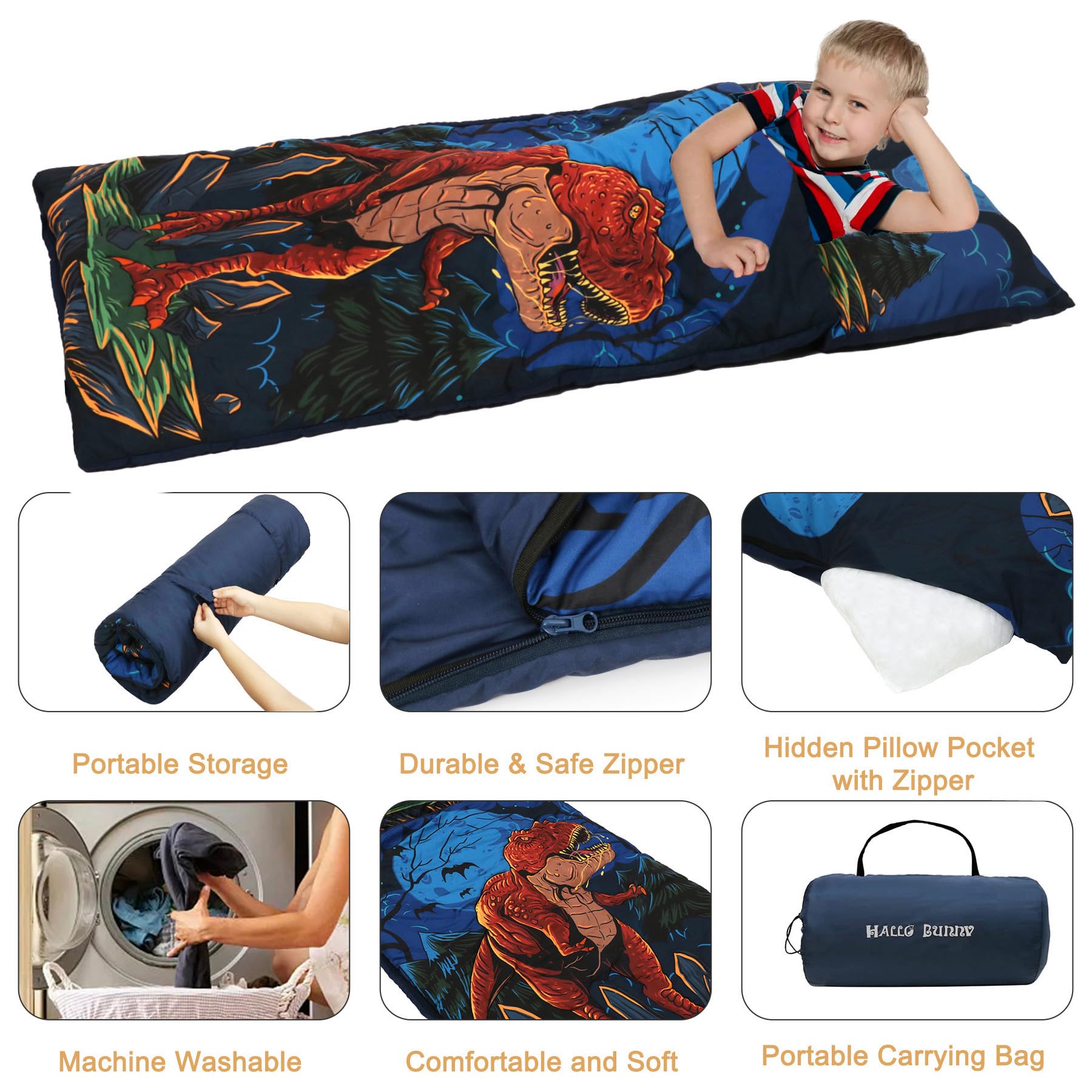 Hallo Bunny dinosaur sleeping bag folded compactly for travel and daycare storage.