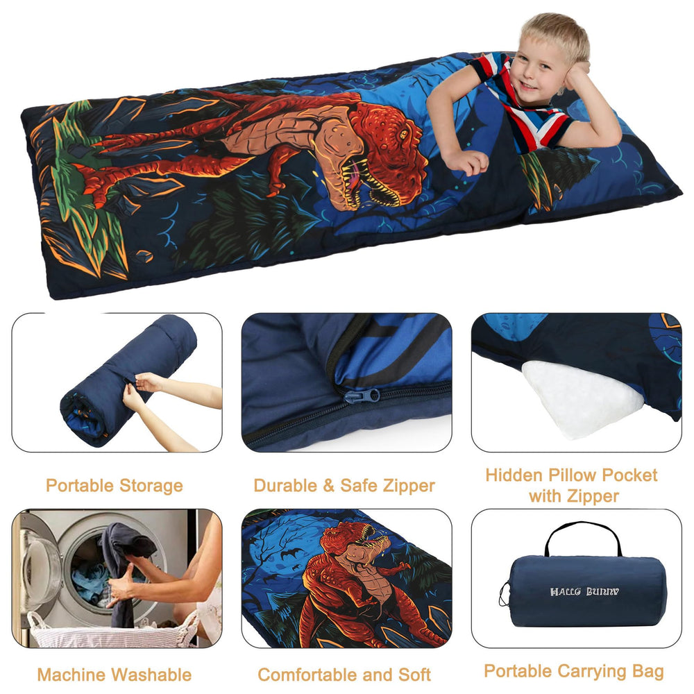 Hallo Bunny dinosaur sleeping bag folded compactly for travel and daycare storage.