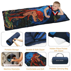 Hallo Bunny dinosaur sleeping bag folded compactly for travel and daycare storage.