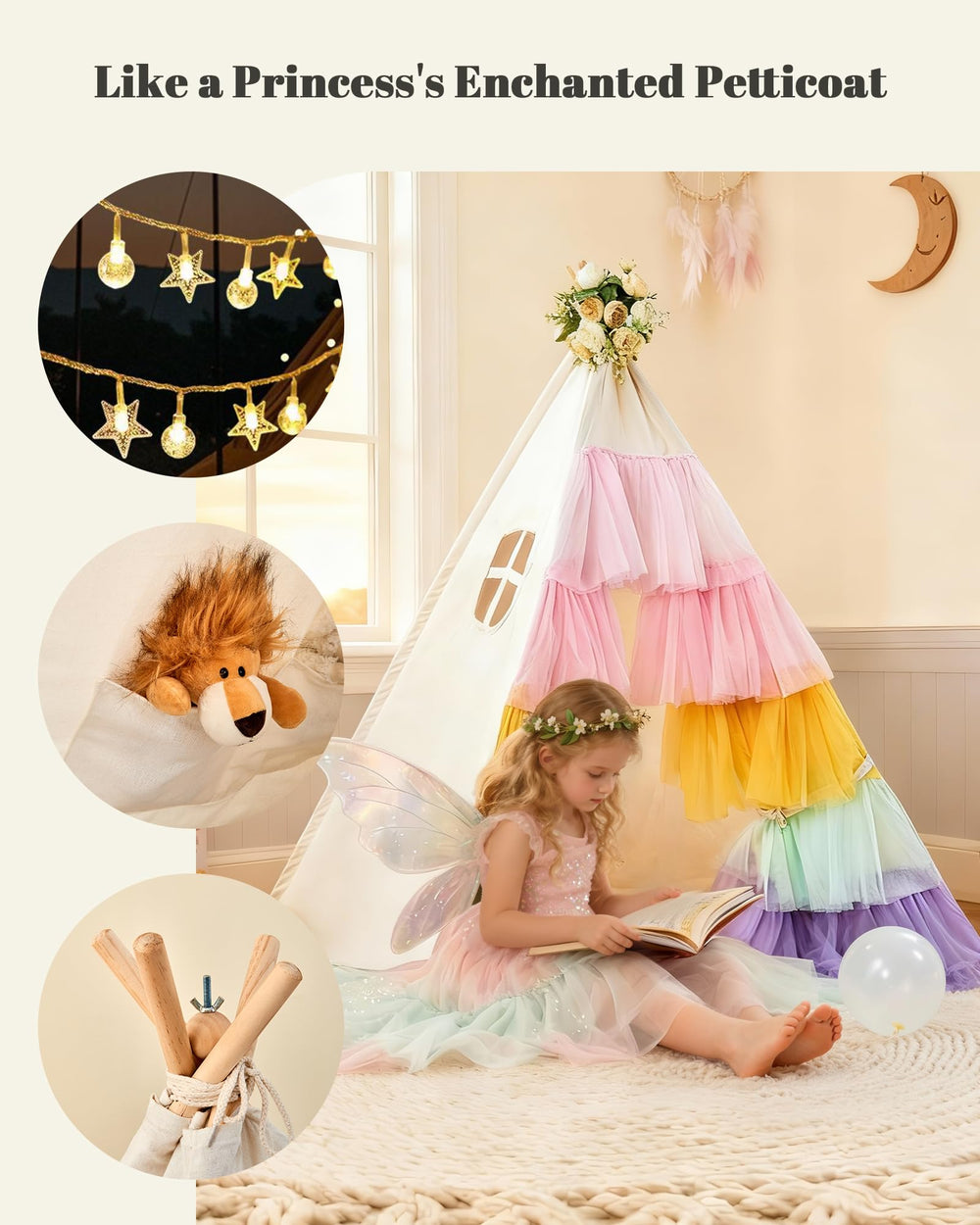 HalloDeer girls tepee offers a bright reading nook with colorful gauze.