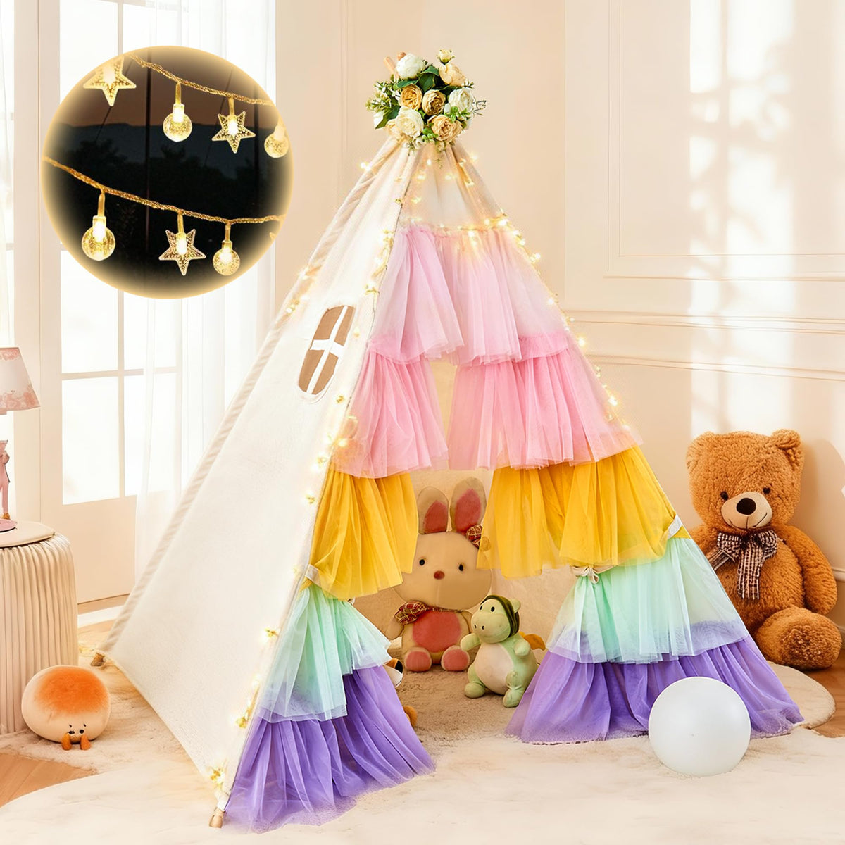 HalloDeer tepee with star lights provides a cozy playtime atmosphere for kids.