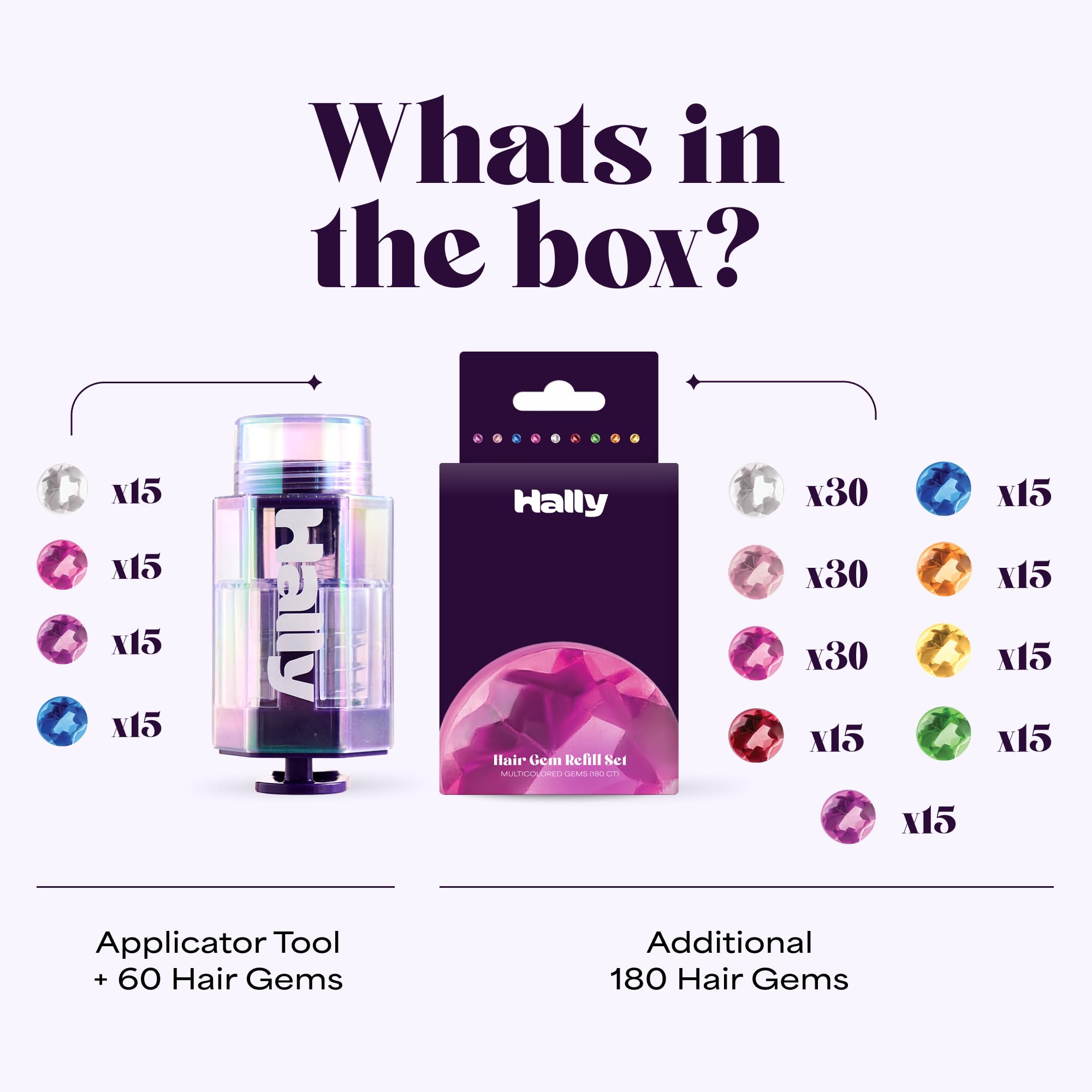 Hally Hair 240 stick-on gems showcase vibrant colors for instant glam