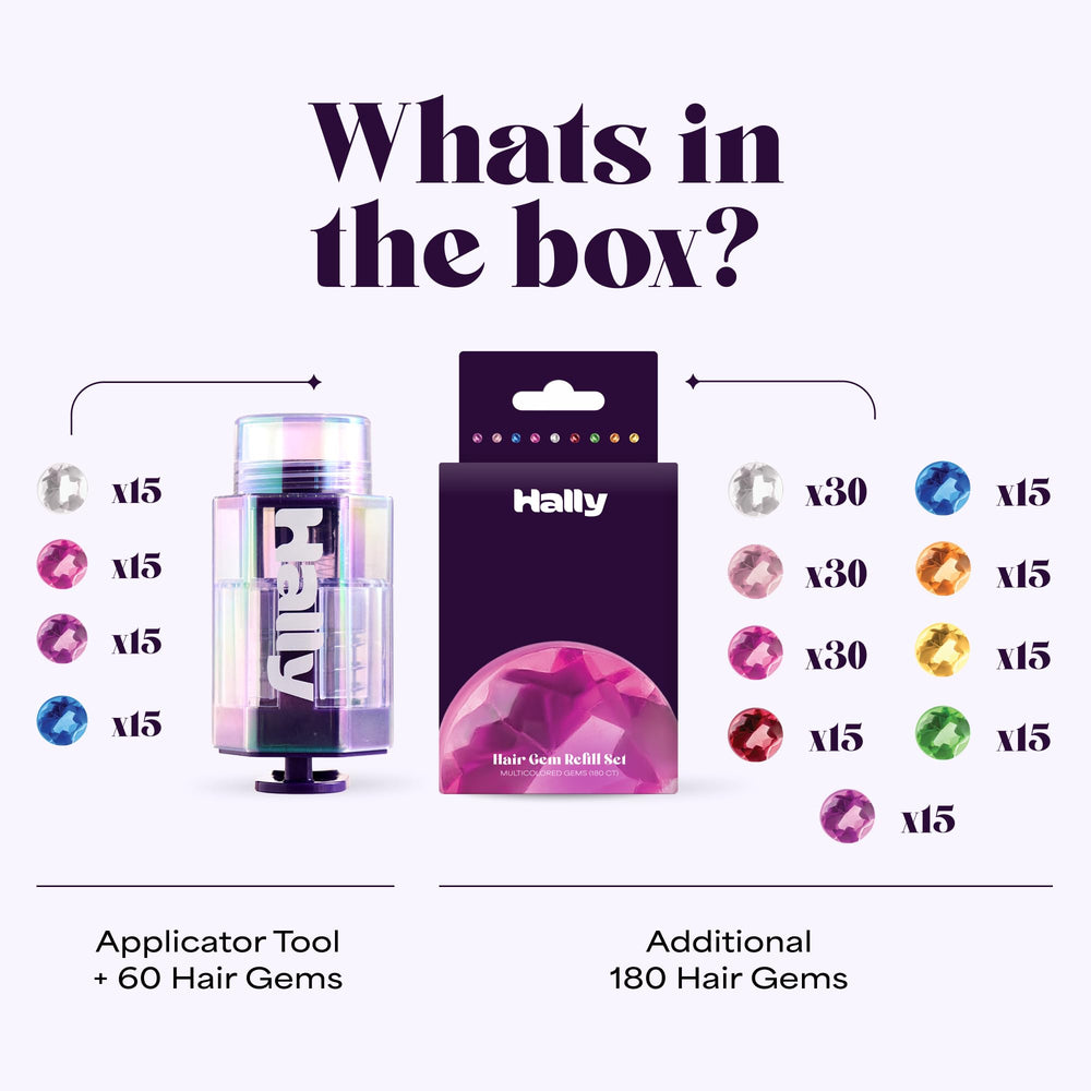 Hally Hair 240 stick-on gems showcase vibrant colors for instant glam