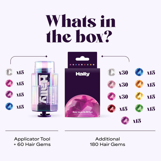 Hally Hair 240 stick-on gems showcase vibrant colors for instant glam