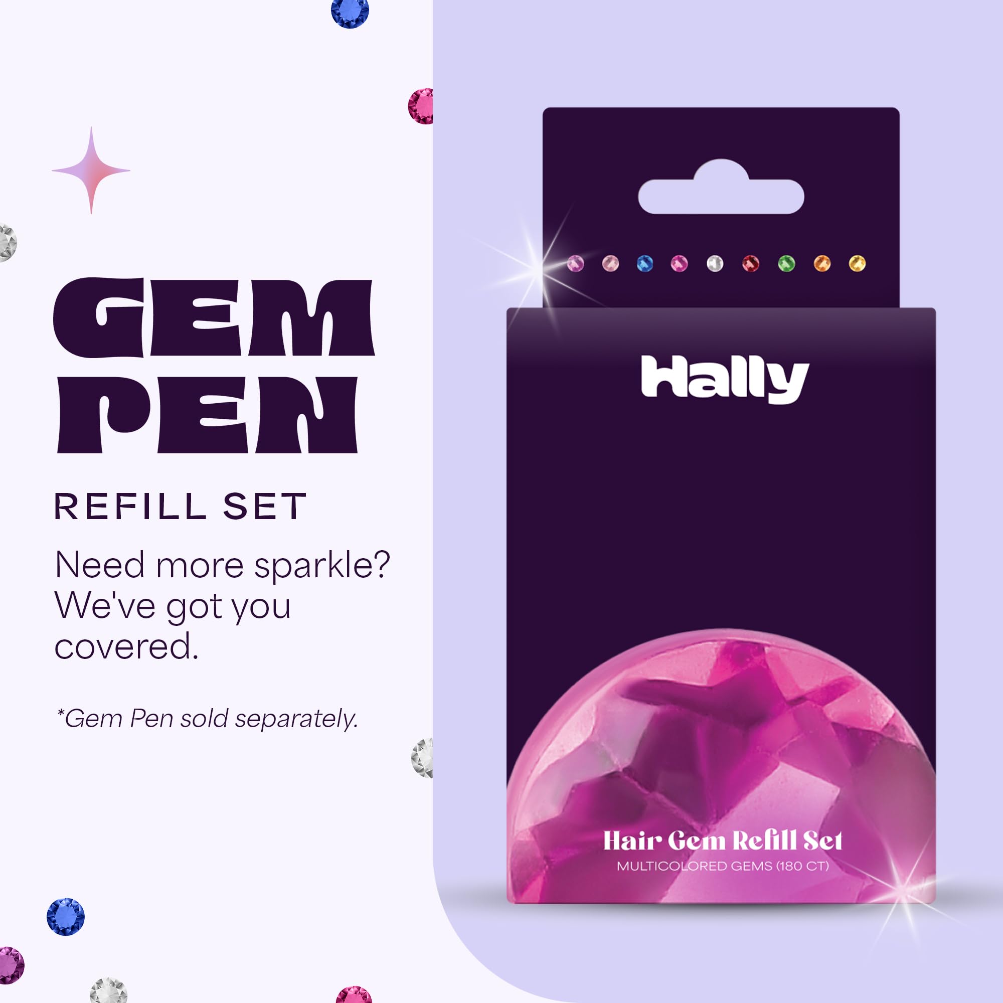 Hally Hair Gems Pen refill pack showing step-by-step loading and usage