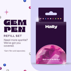 Hally Hair Gems Pen refill pack showing step-by-step loading and usage