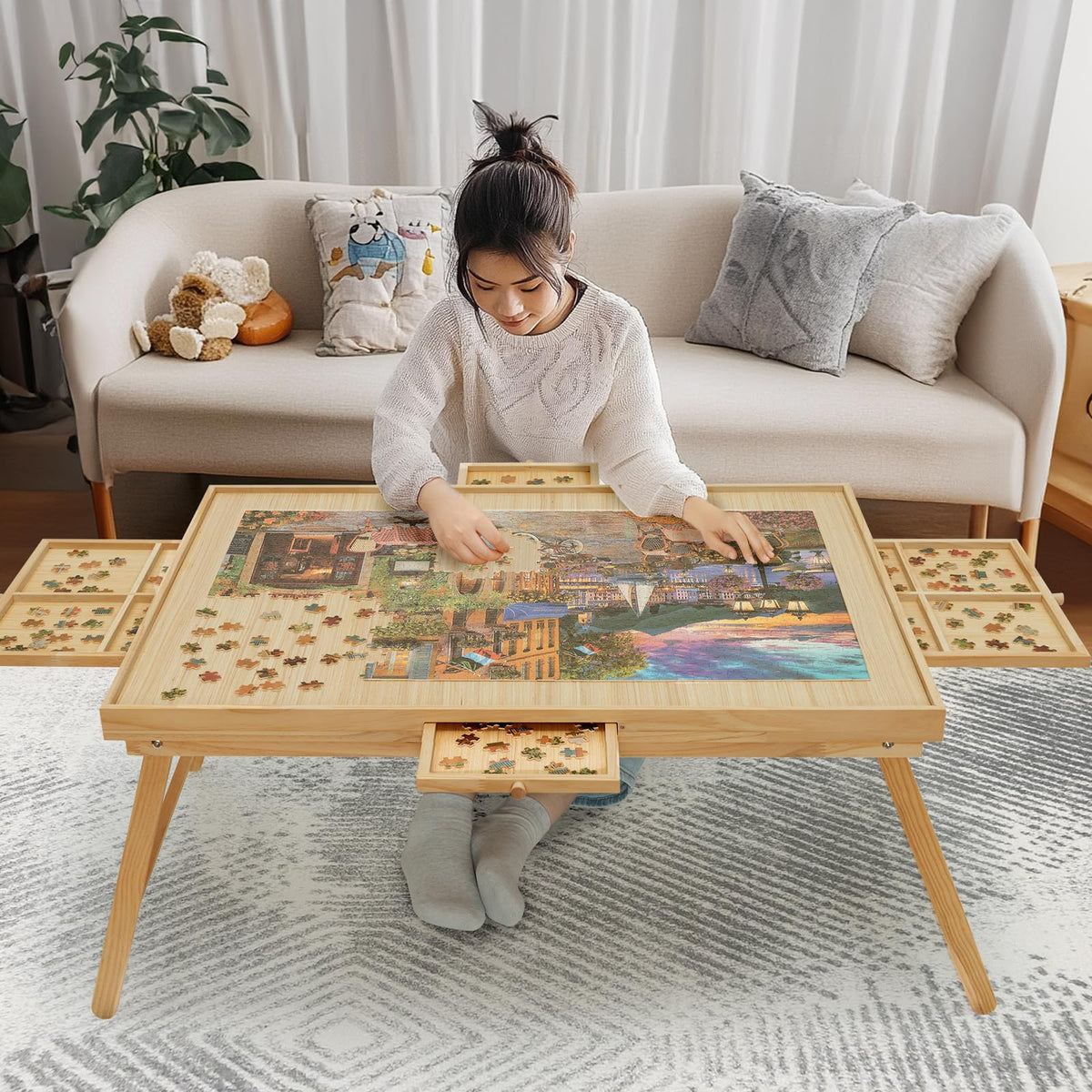 HALLYBEE Puzzle Table with 1500-piece board for immersive sessions.