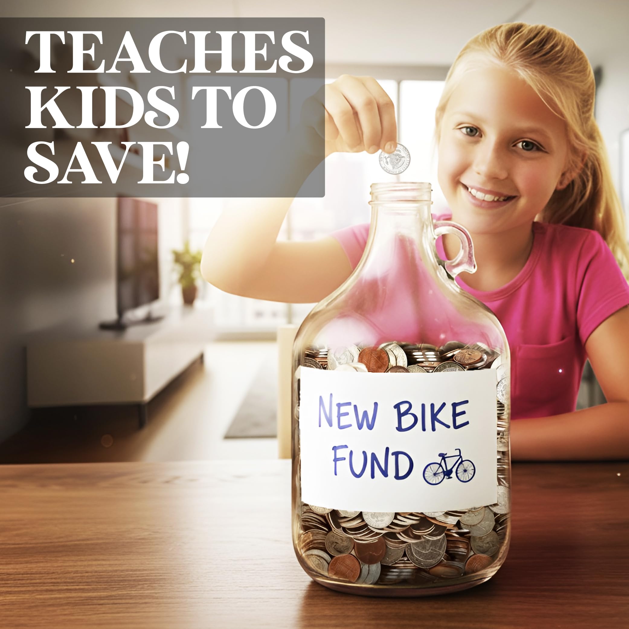 Hambli 2,000+ glass piggy bank with coins illustration encourages saving