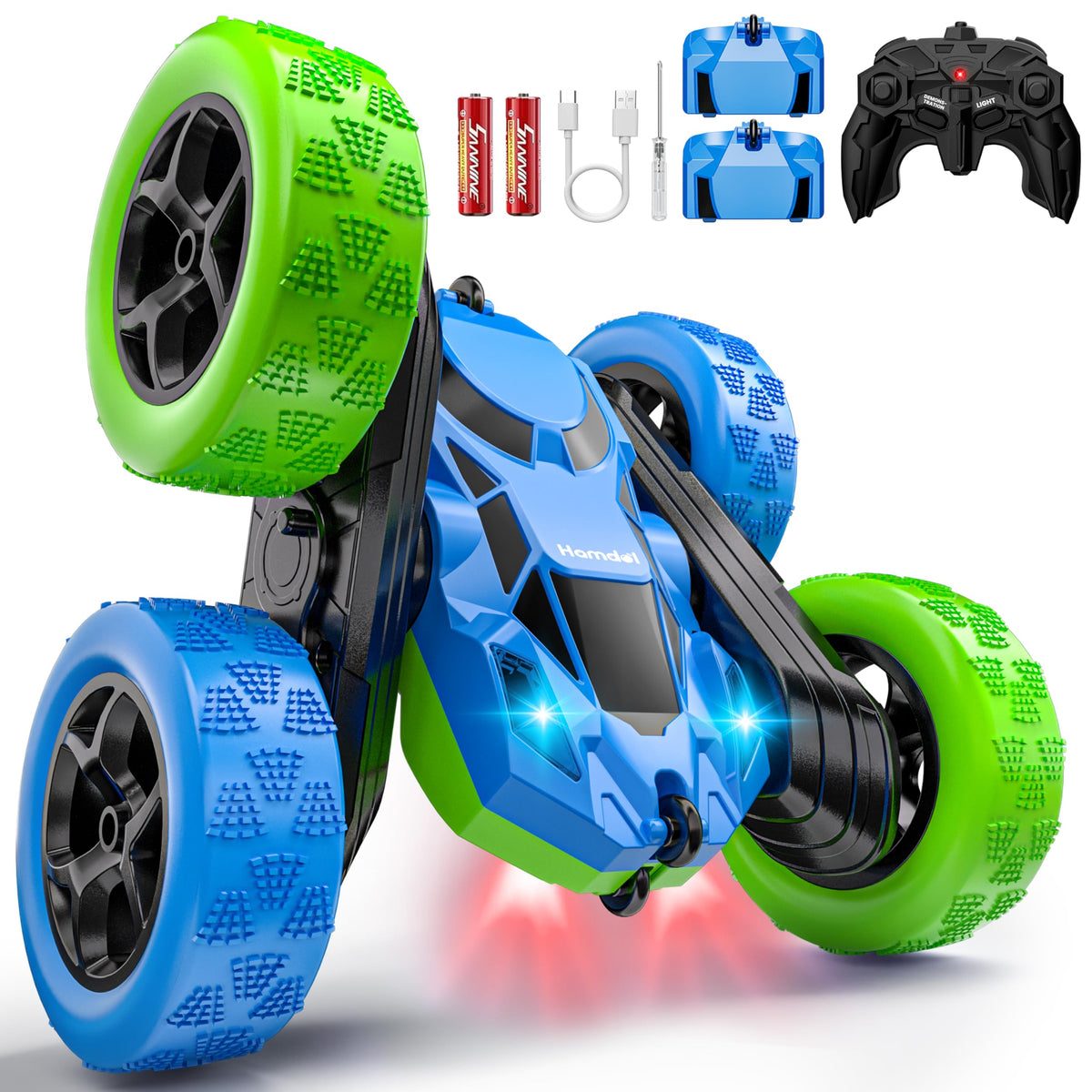 Hamdol 360 stunt RC car front view with bold dual-color design for kids' racing