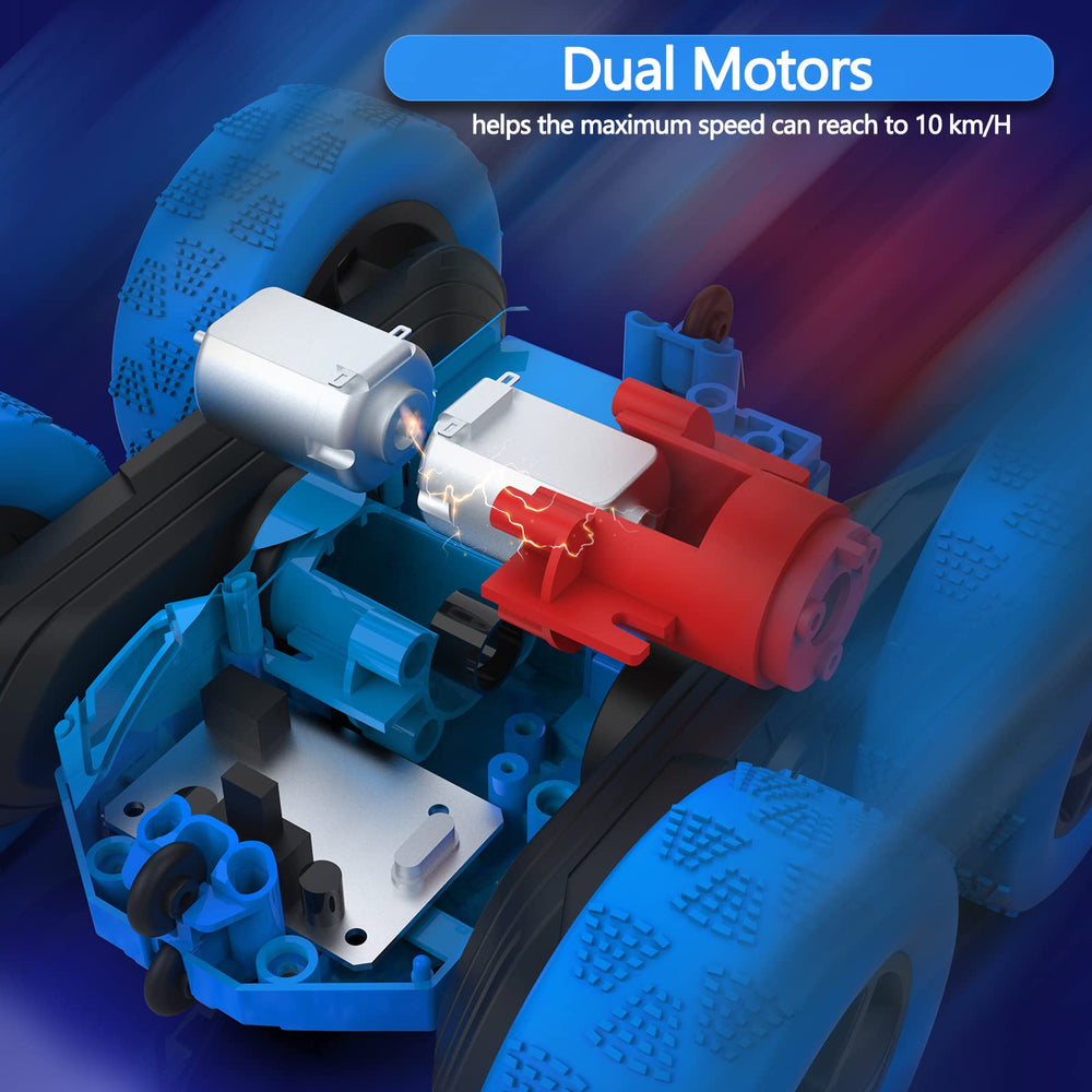 Hamdol Blue Thunder RC car performing 360 flips indoors and outdoors