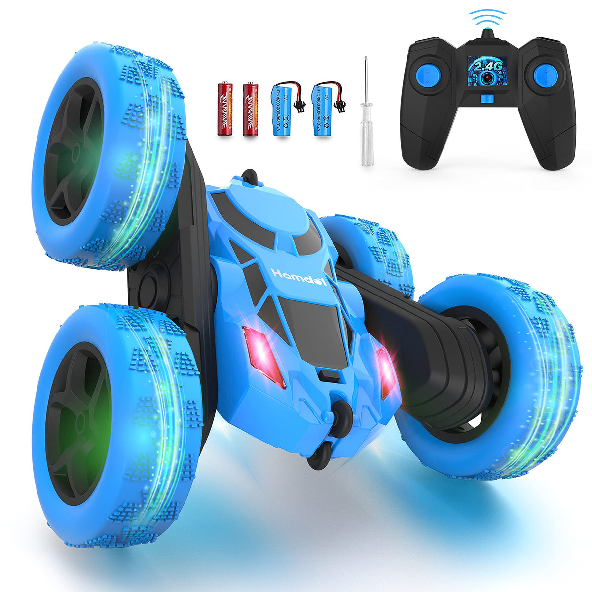 Hamdol Blue Thunder RC car front view showing bold design for action play