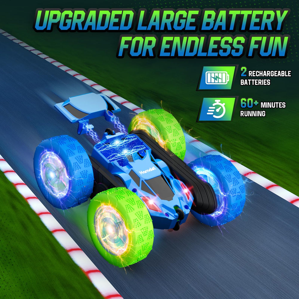 Hamdol GLOW RC car performing 360 flips for action-packed stunts.