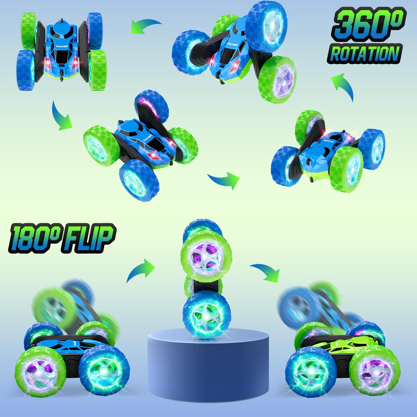 Hamdol GLOW RC car with all-terrain tires for grass, sand, and pavement.
