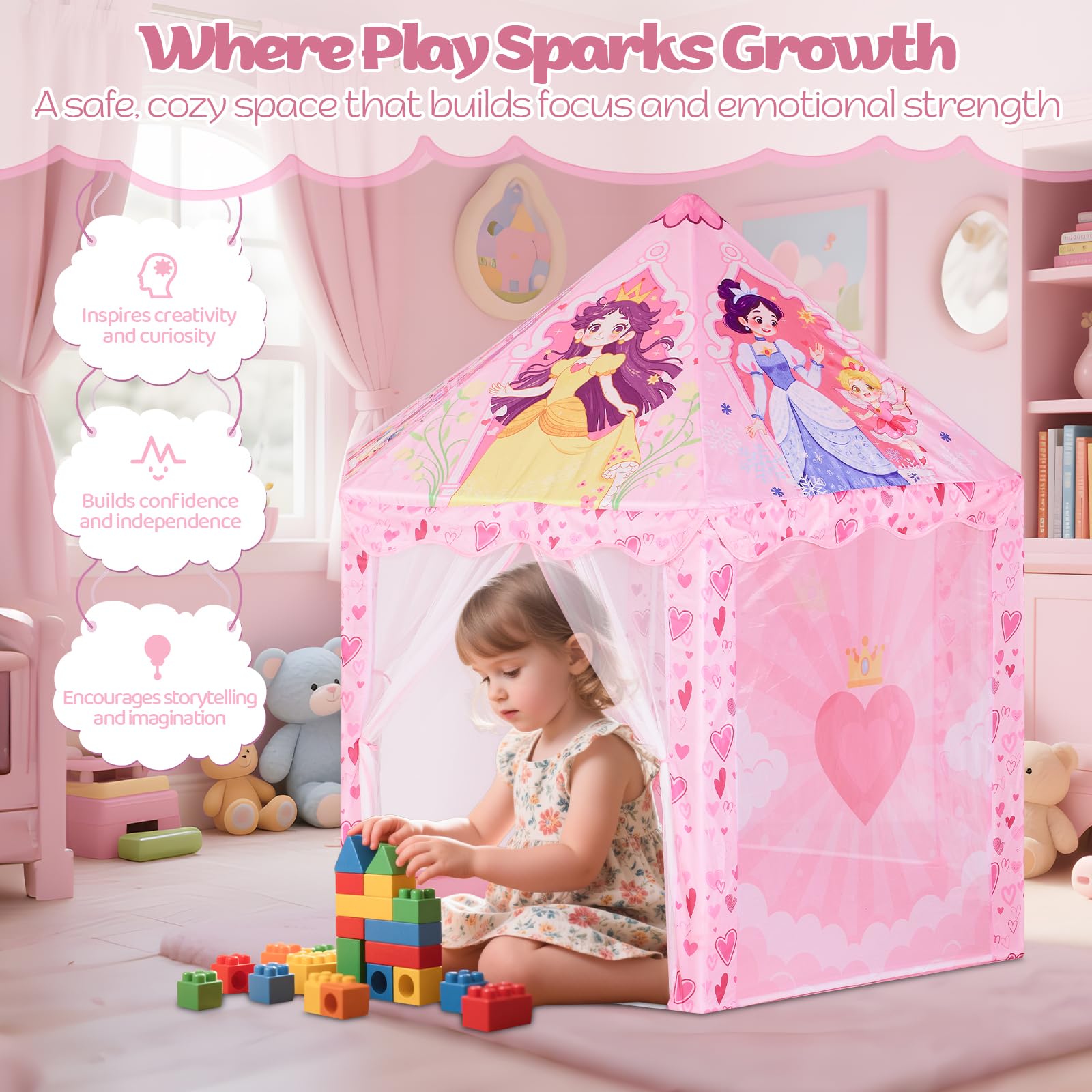 Hamdol Hexagon Princess Play Tent mesh curtains provide airflow and privacy.