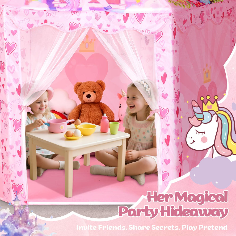 Hamdol Hexagon Princess Play Tent unicorn toppers add magical charm.