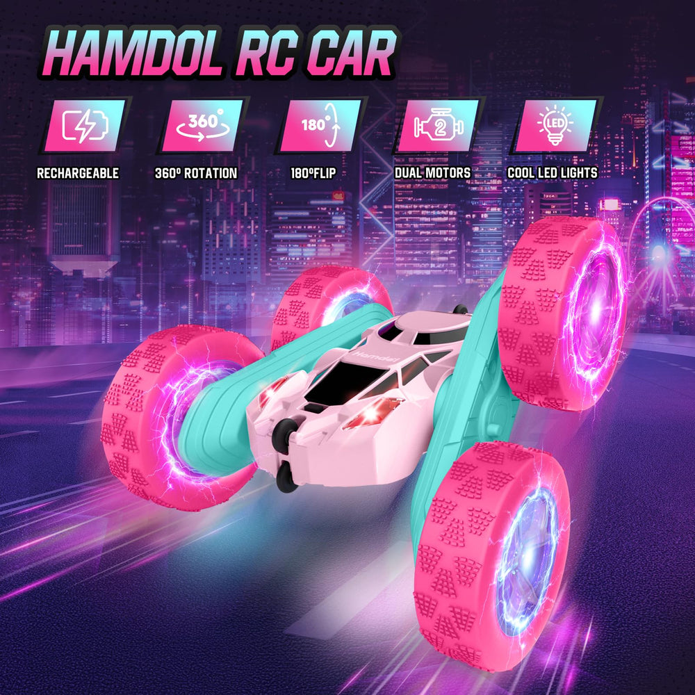 Hamdol Pink Blossom Edition RC car side view showing double-sided design for stunt play.