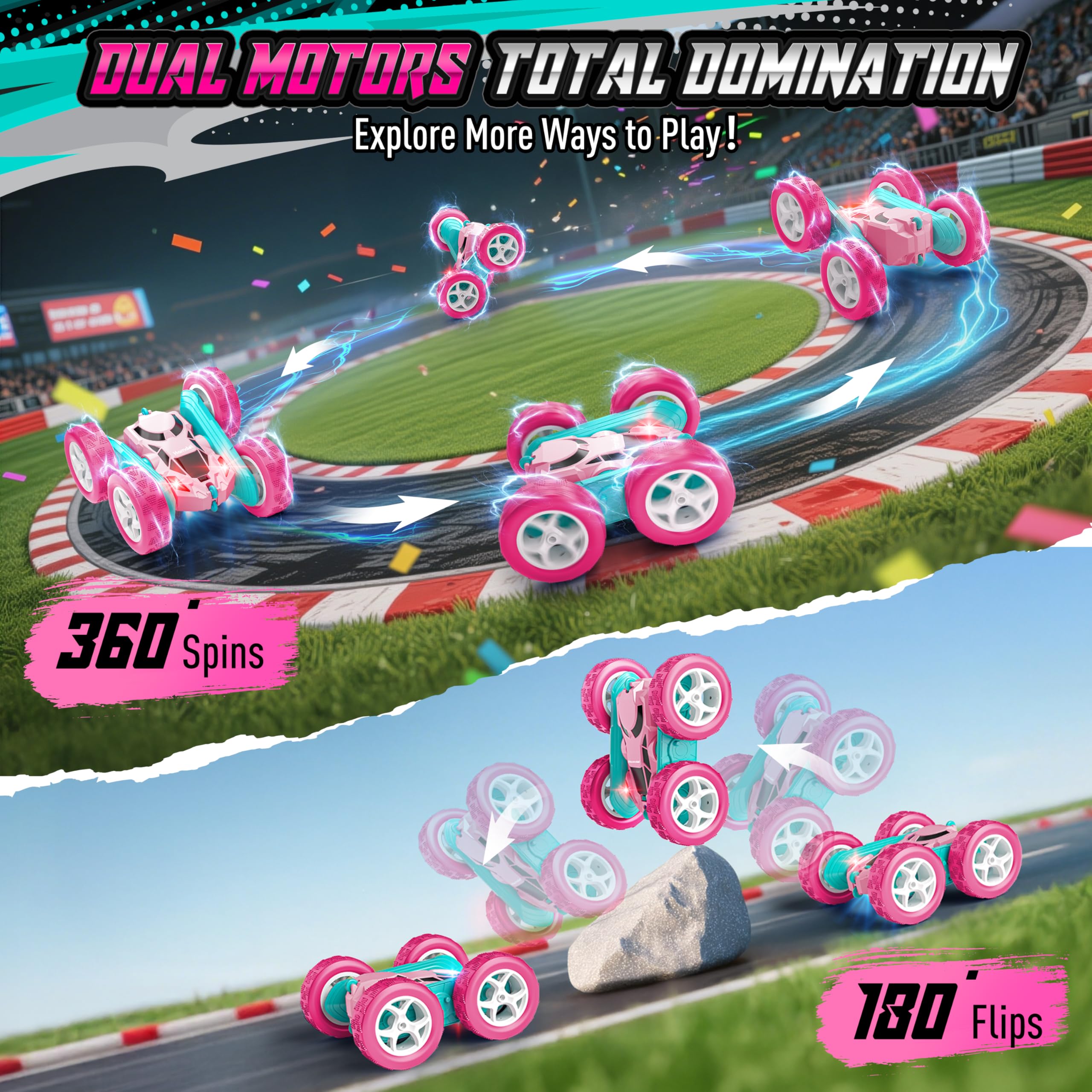 Hamdol Pink RC Car top view showcases dual-tone flip feature and color play