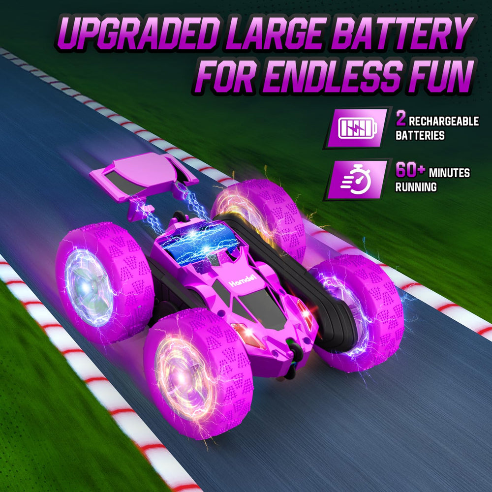 Hamdol Purple Dream RC Car performing 360° spins and flips for dynamic stunts